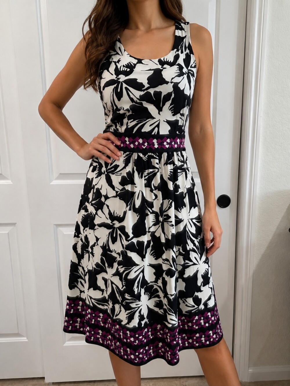 Black & White Floral Midi Dress with Pink Accents